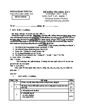 Đề dự phòng kiểm tra học kỳ I môn Ngữ văn Lớp 7 - Năm học 2017-2018 - Trường THCS Phú Mỹ (Có đáp án)